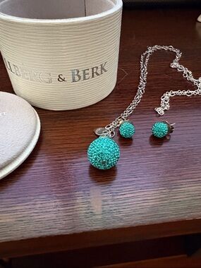 Hill berg and Berk Turquoise Crystal Ball Pendant Necklace & Earrings Set